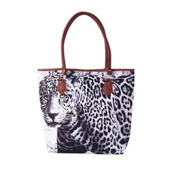 NWOT White and Black Realistic Leopard Print Pattern Tote Bag with Handle Drop - Picture 1 of 5